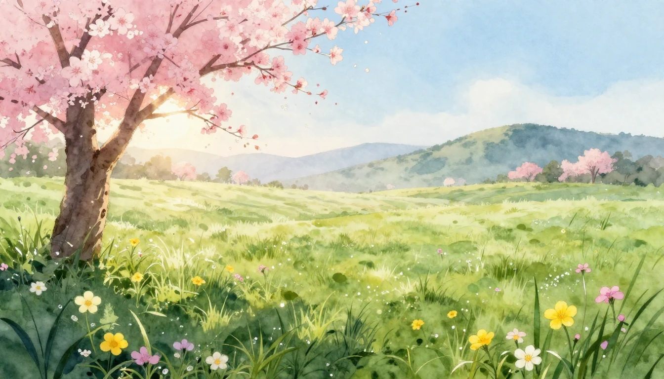 A beautiful watercolor painting of a lush green meadow at da...
