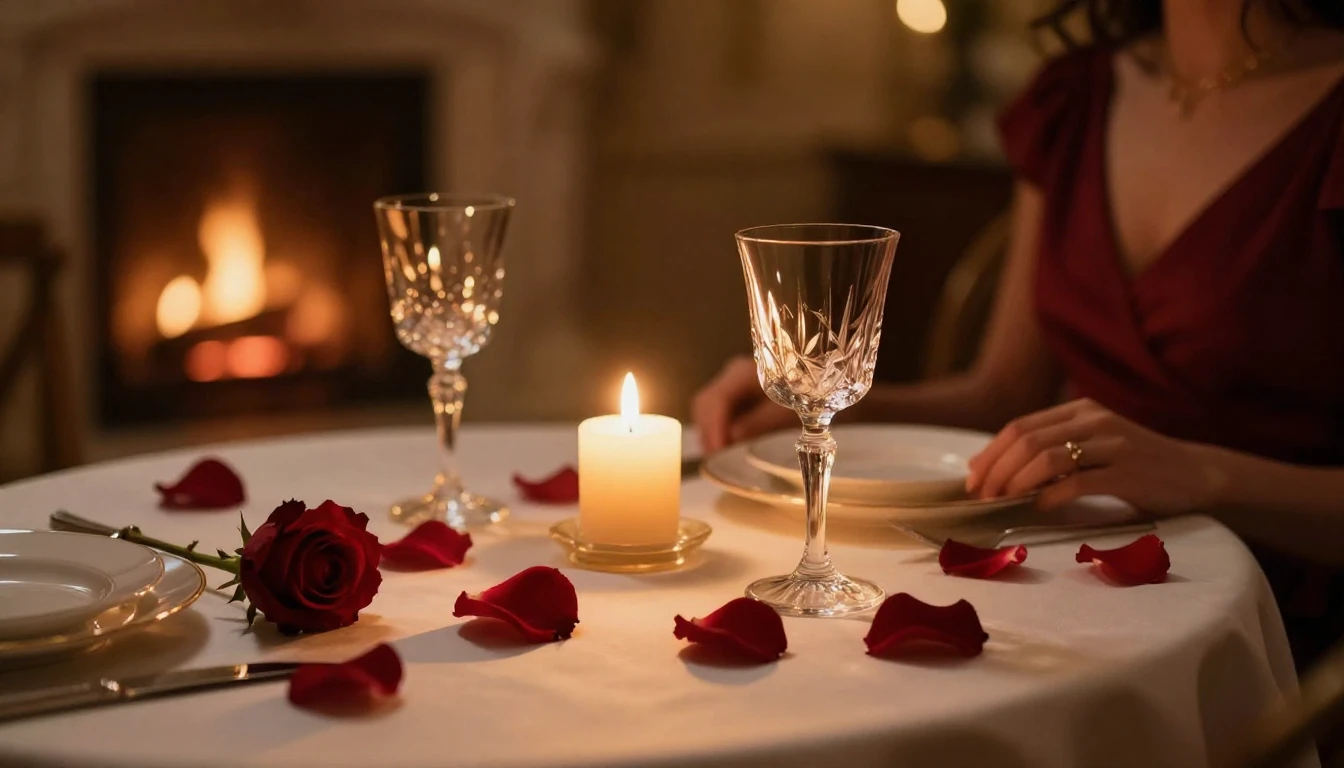 A cinematic close-up of a beautifully set table for two in a...