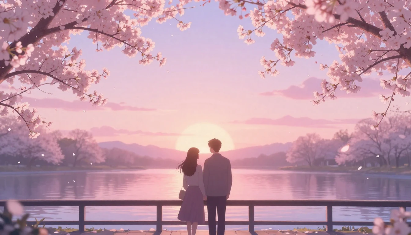 A dreamy and romantic scene featuring two silhouettes of lov...