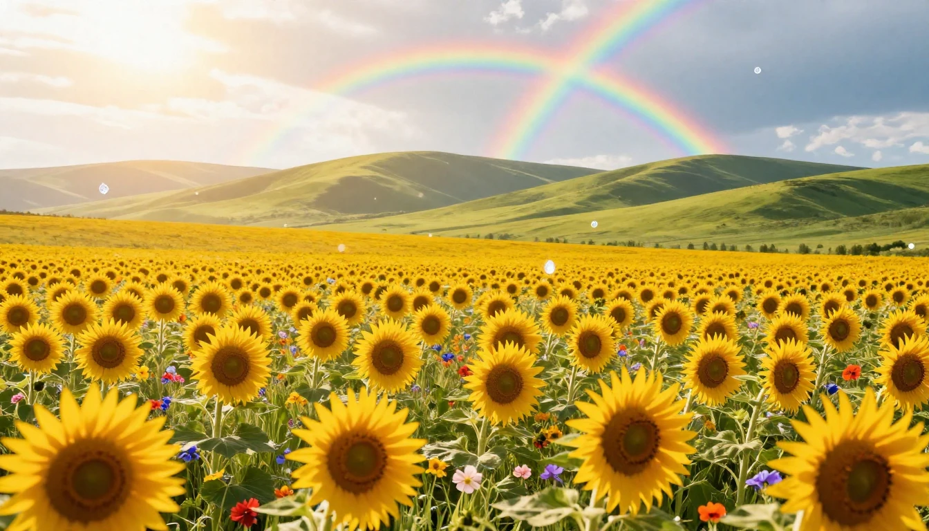 A breathtaking sun-drenched landscape featuring a vast field...