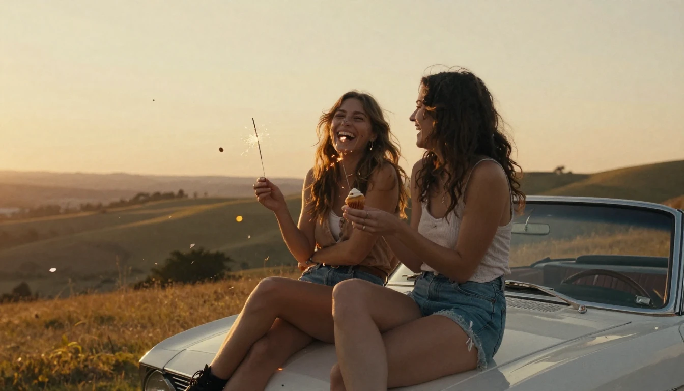 A nostalgic and warm scene of two best friends sitting on th...