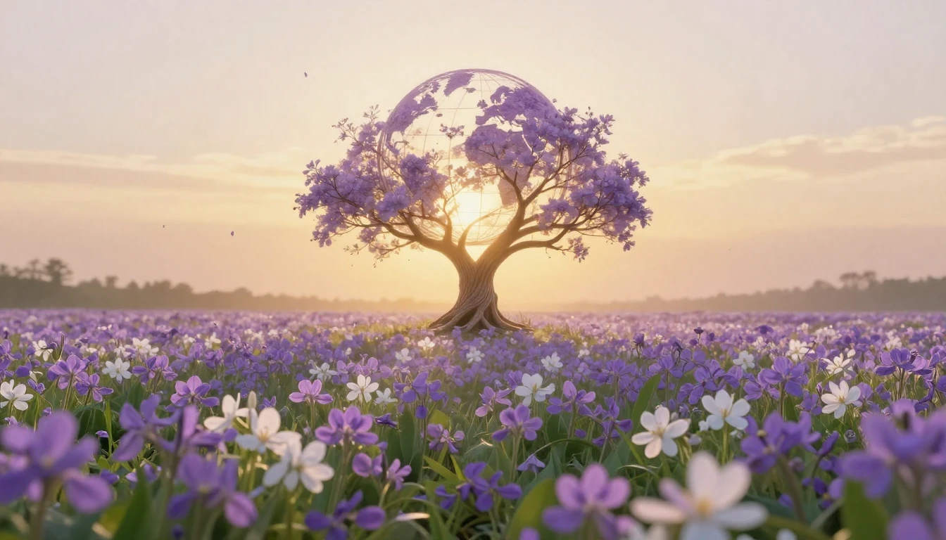 A breathtaking landscape featuring a vast field of blooming ...