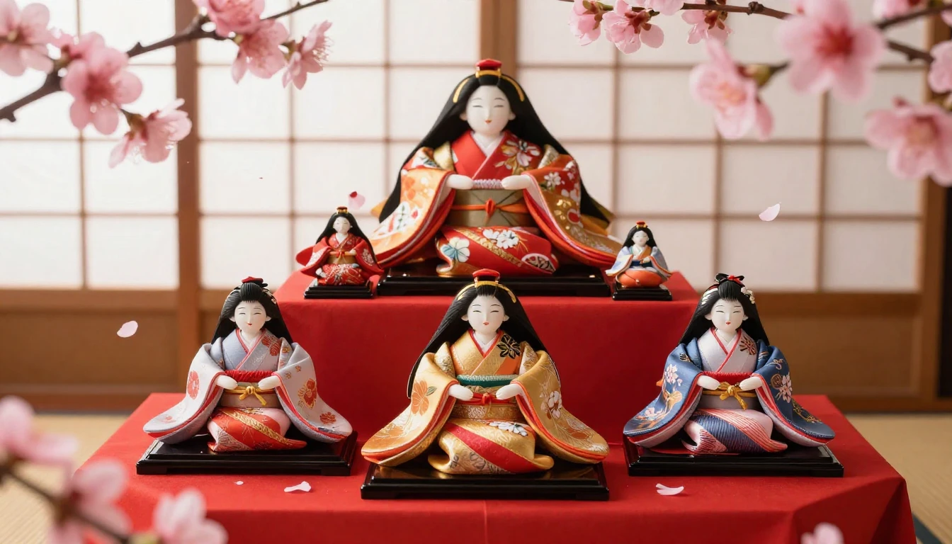 A beautiful arrangement of traditional Hina dolls on a tiere...
