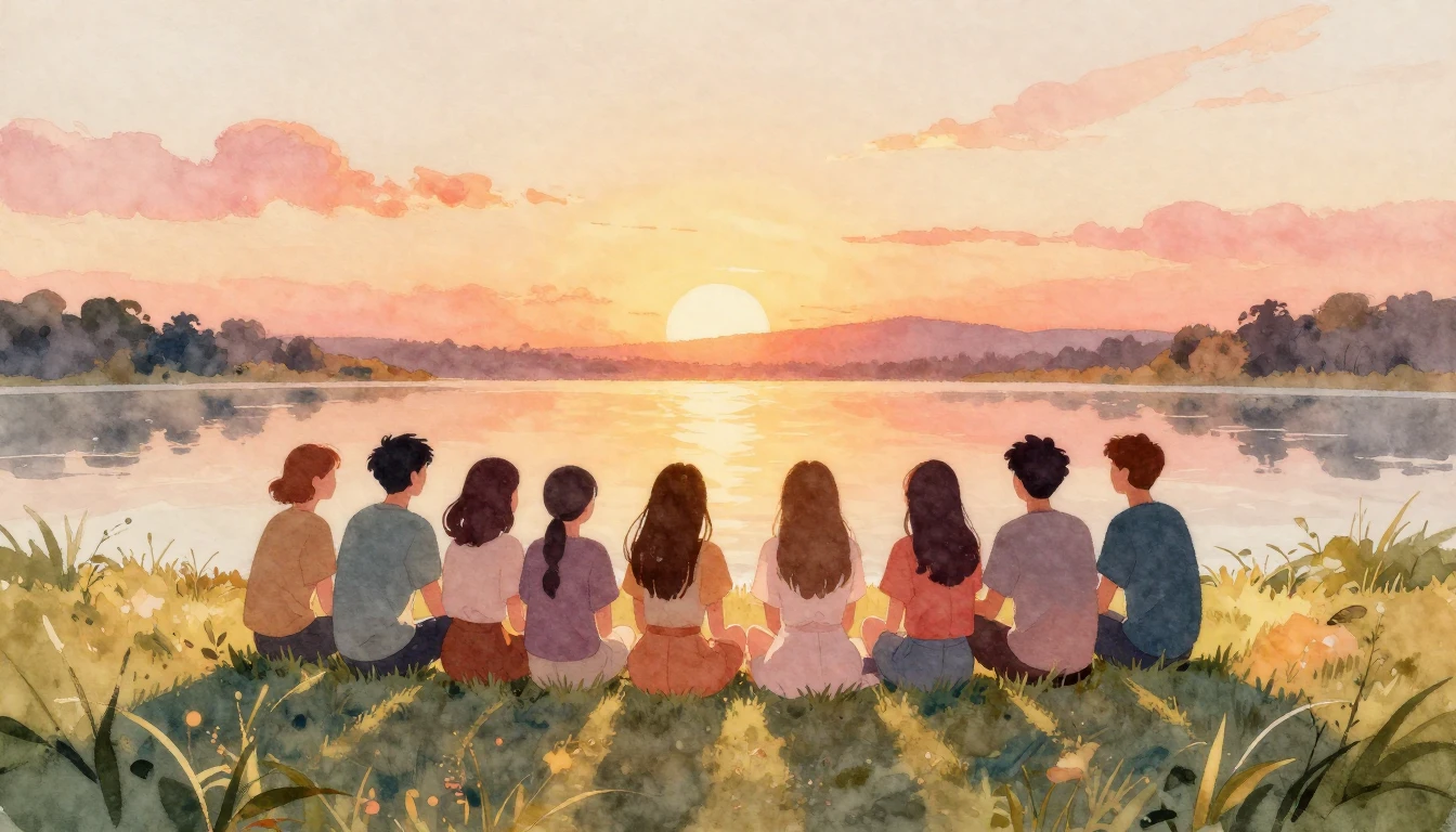 A beautiful watercolor painting depicting a group of diverse...