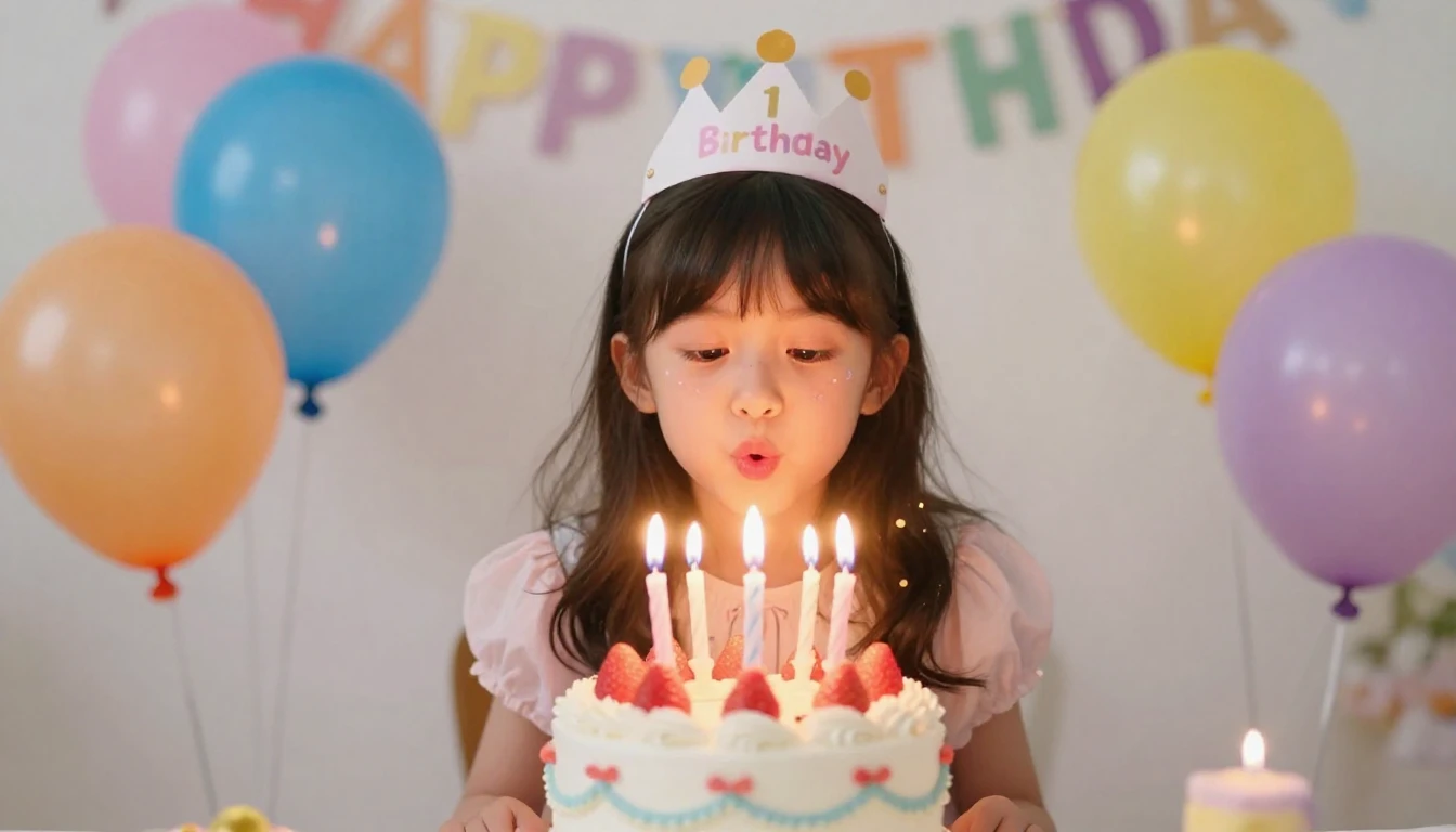 A cute, joyful little girl with a birthday crown, blowing ou...
