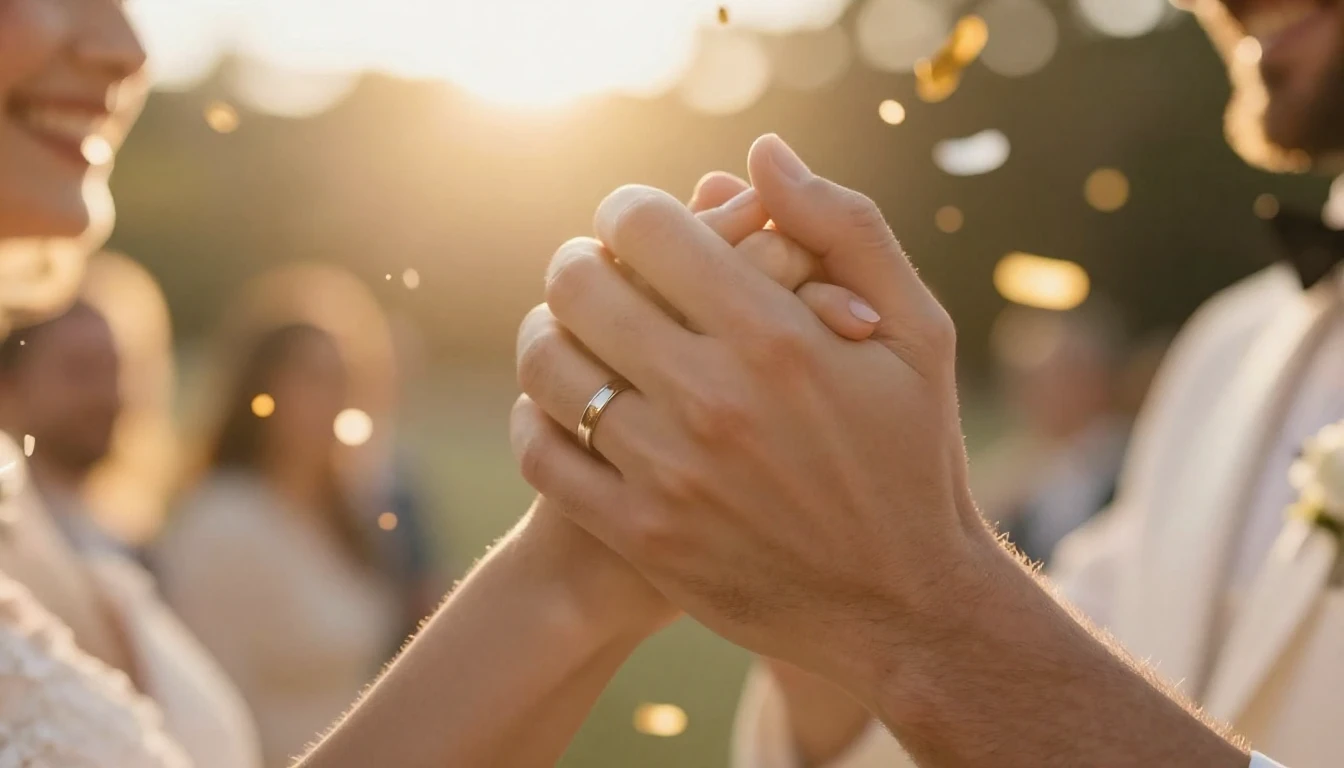 A bright and joyous wedding scene, focusing on two hands hol...