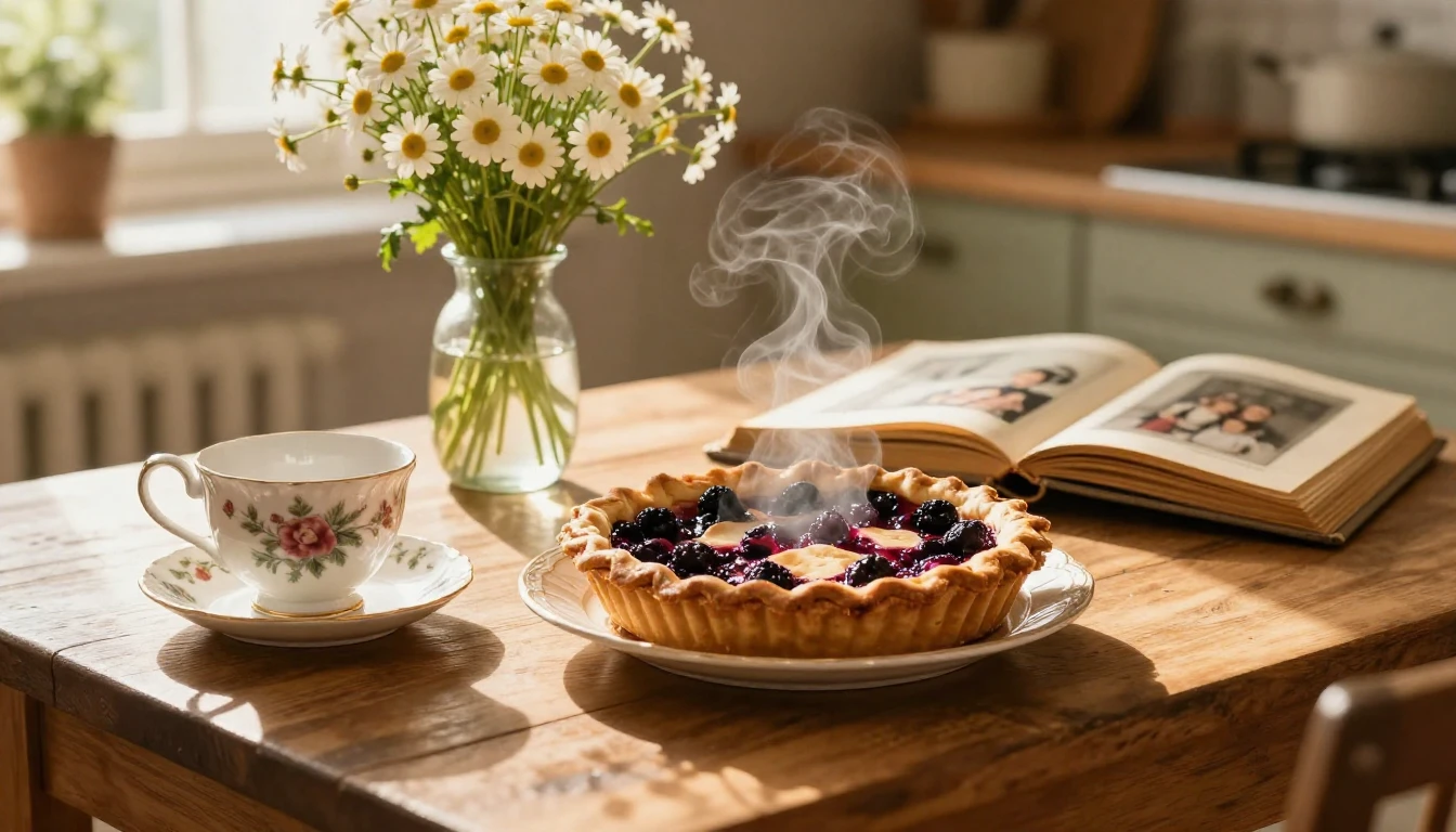 A cozy, sunlit rustic kitchen table, a porcelain tea set wit...