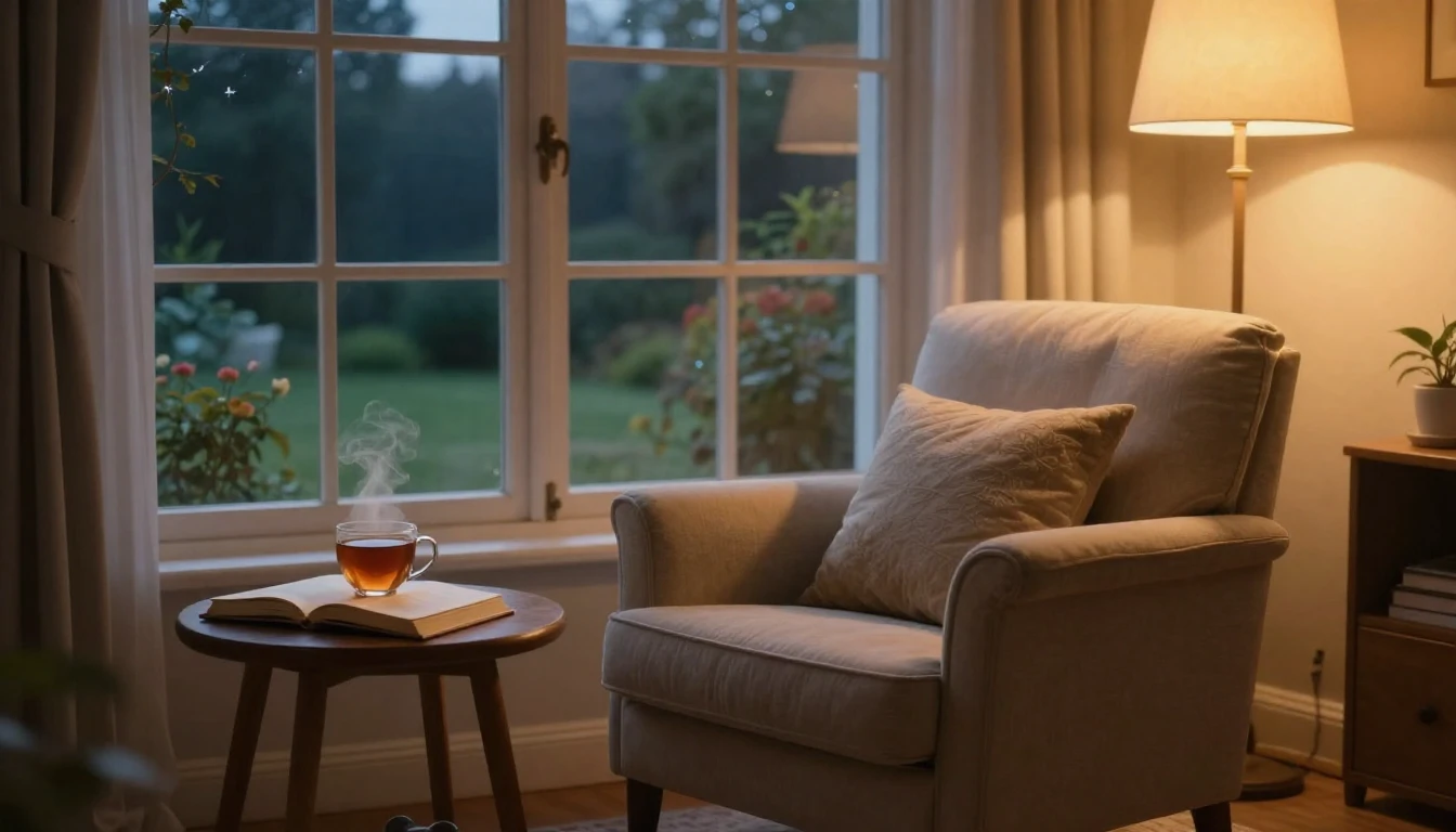 A cozy living room scene during a soft twilight. A comfortab...
