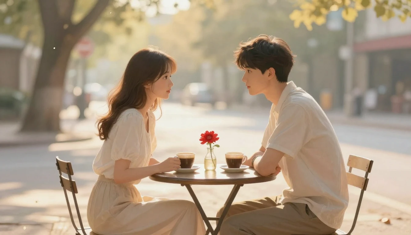 A soft and romantic scene of a couple sitting at a small, vi...