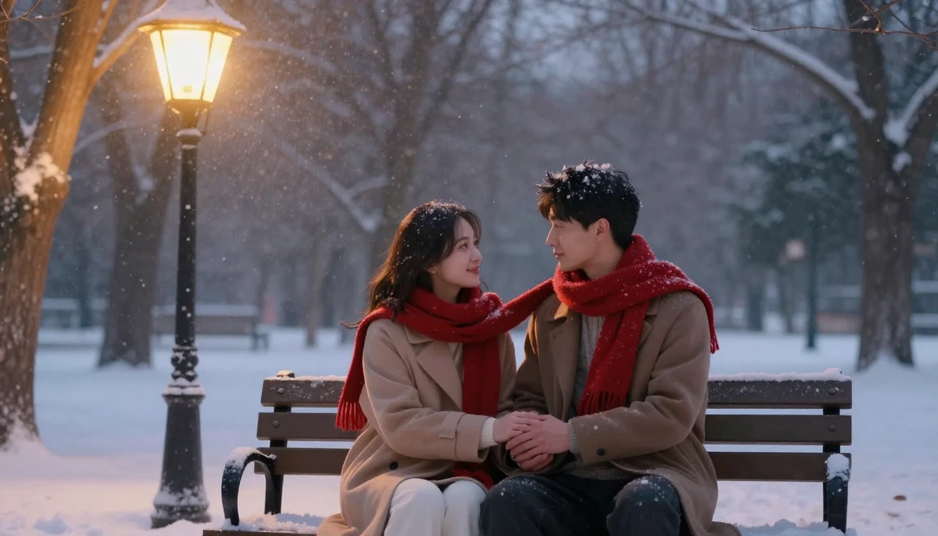A romantic artistic scene of a couple sitting on a bench in ...