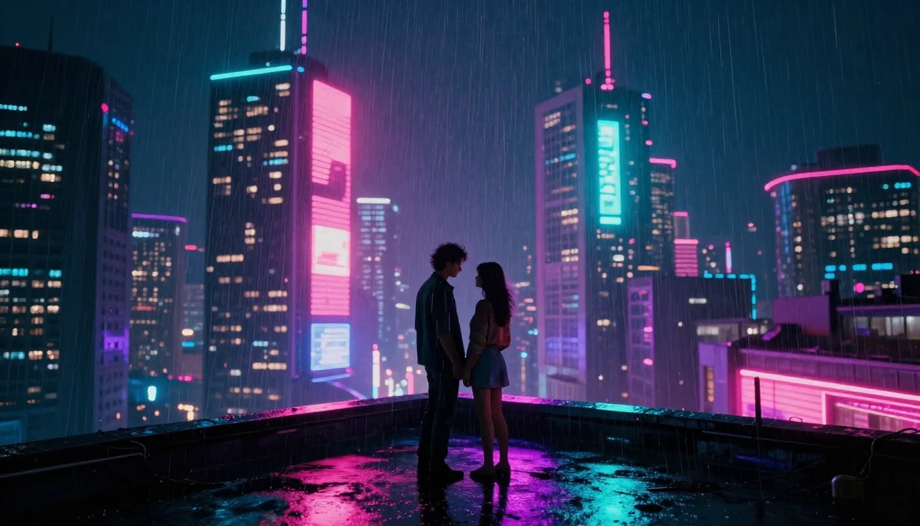 A cinematic, atmospheric night scene in a retro-futuristic c...