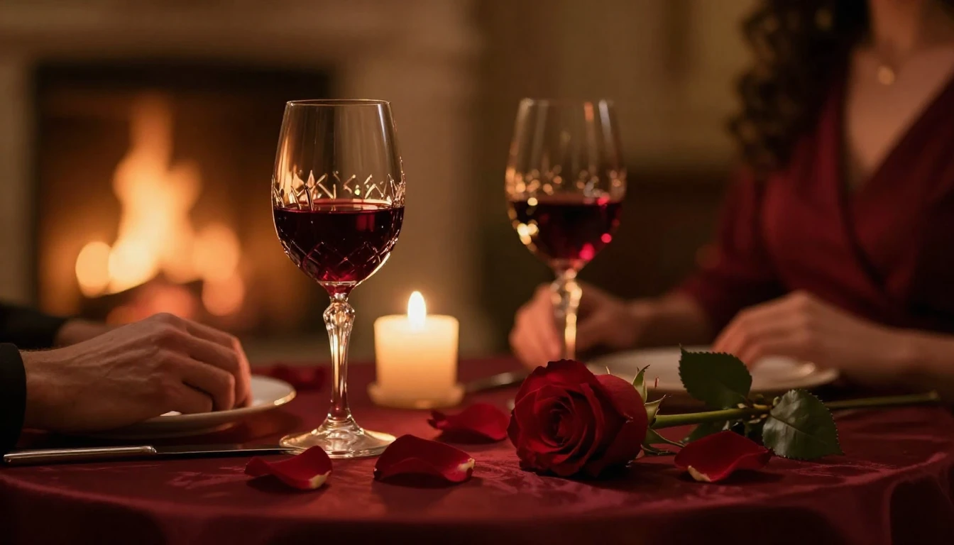 A close-up cinematic shot of a beautifully set table for two...