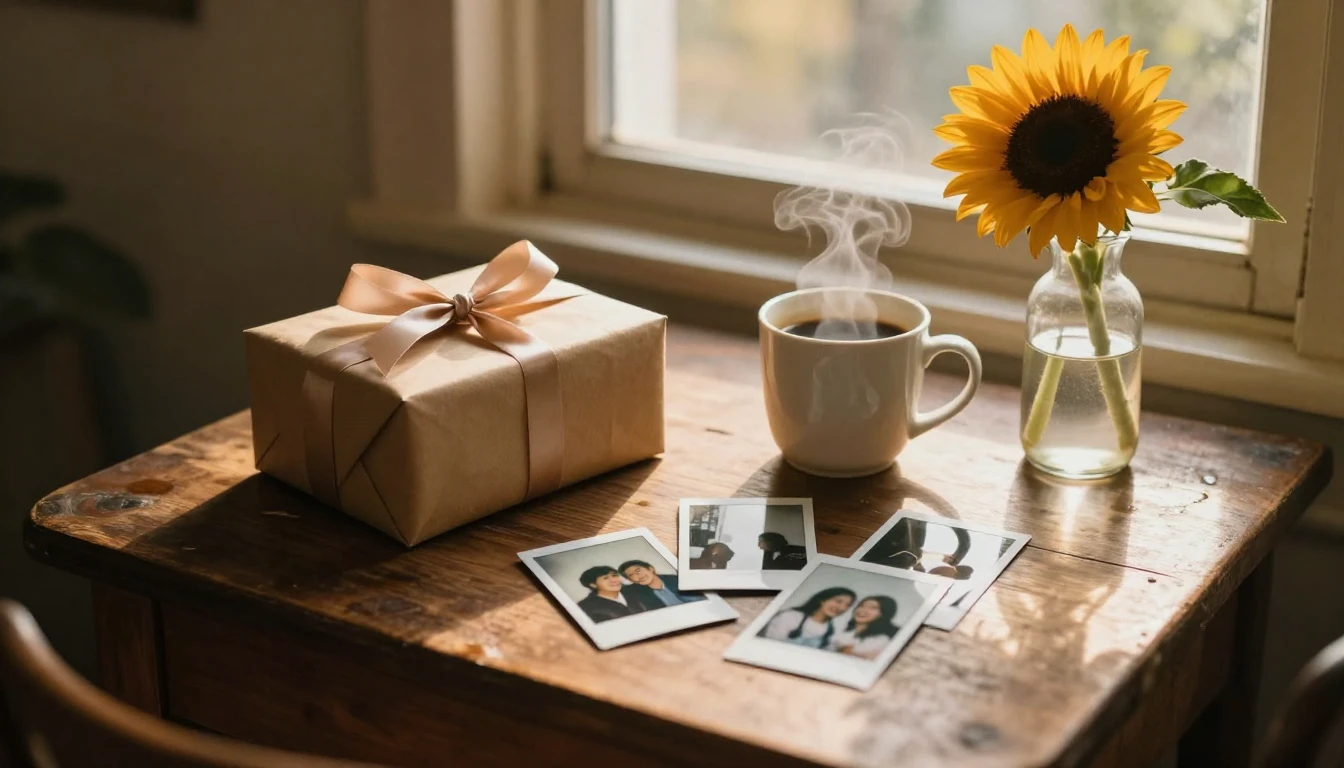 A nostalgic and warm composition featuring a vintage wooden ...