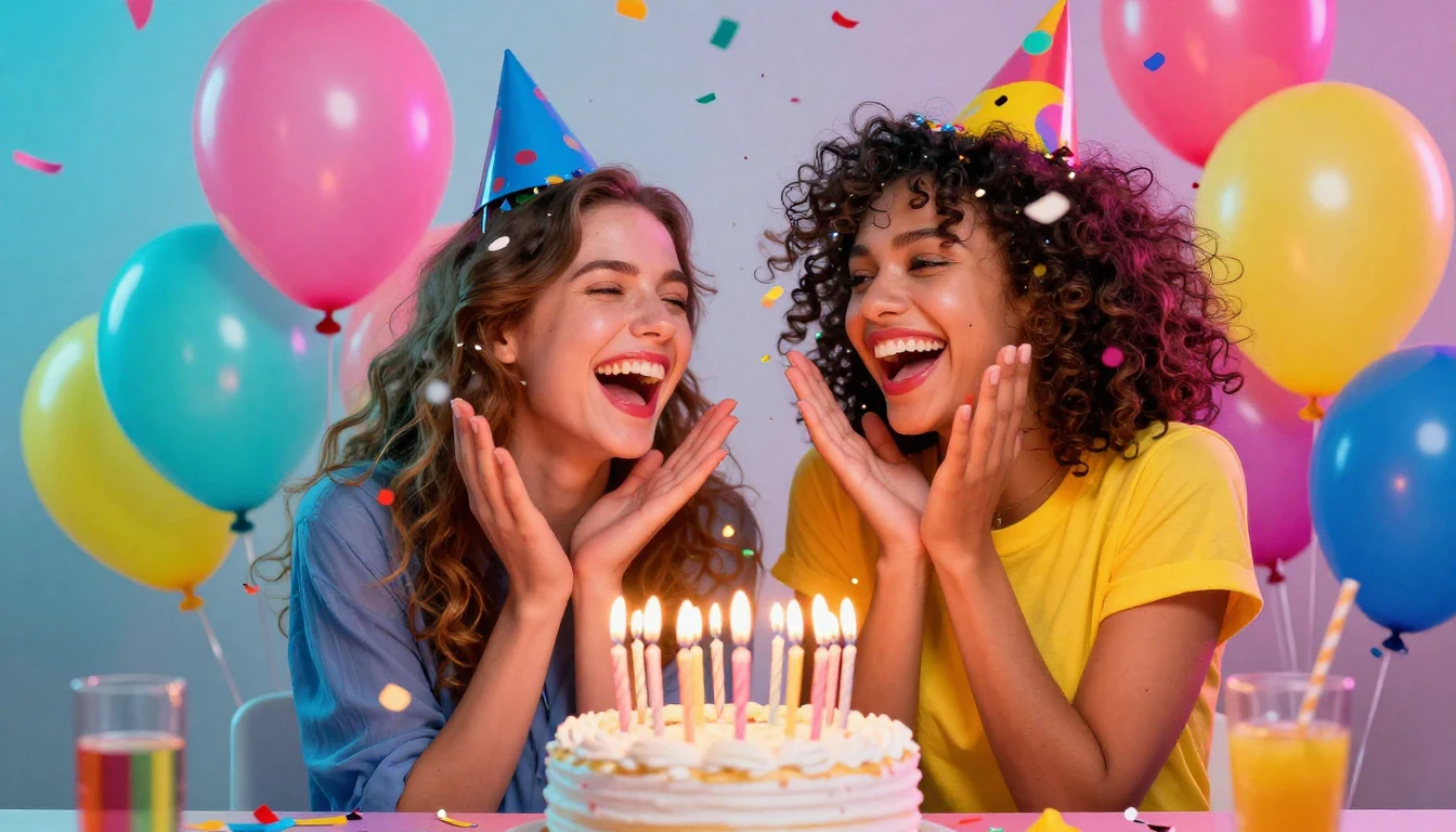 A vibrant and colorful birthday party scene focusing on two ...