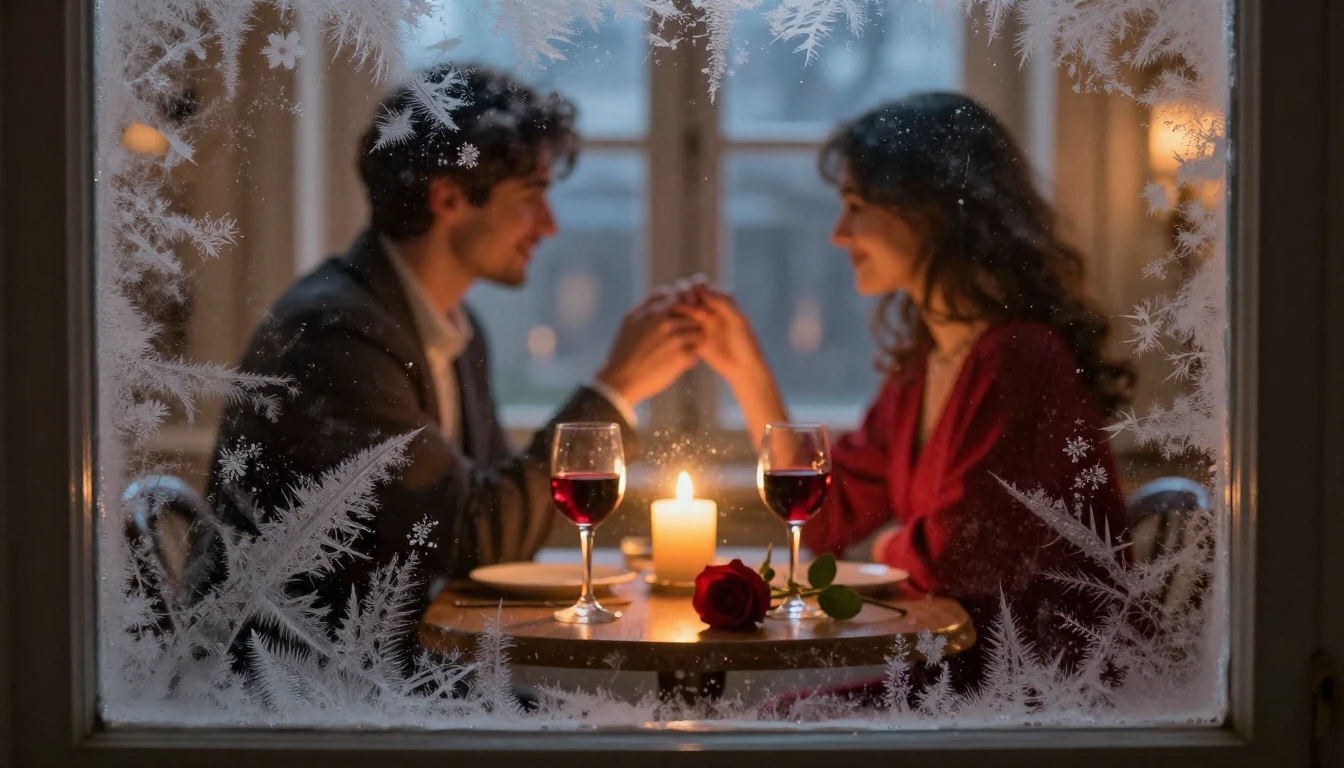 A romantic and cozy interior scene viewed through a window p...