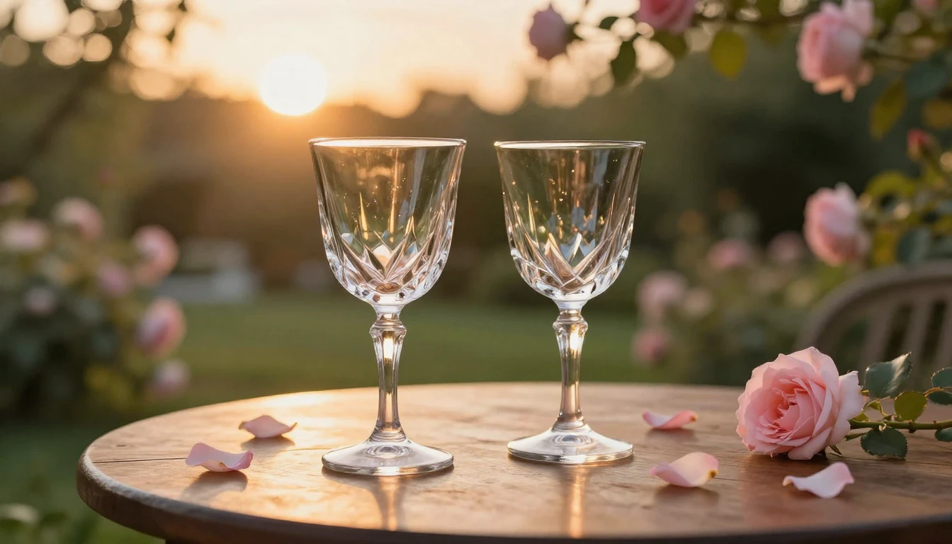 An elegant scene of two crystal glasses on a polished wooden...
