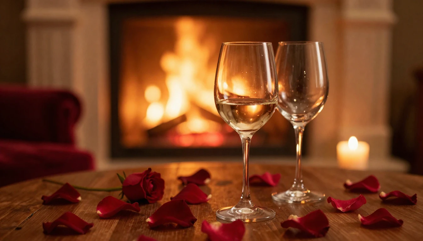 A lush and romantic scene featuring two elegant wine glasses...