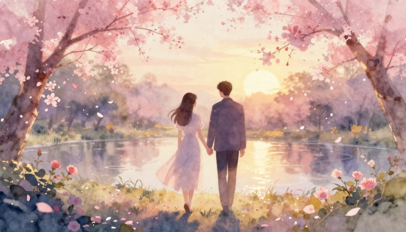 A soft and ethereal watercolor painting depicting two silhou...