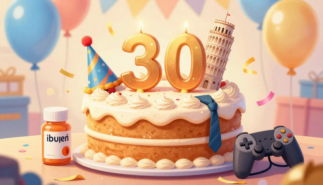 A humorous and colorful birthday illustration featuring a bi...