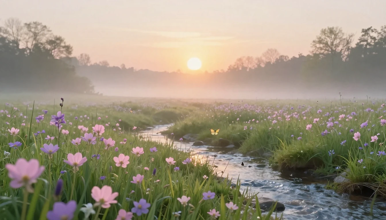 A lush meadow at dawn during the spring equinox. Soft pastel...
