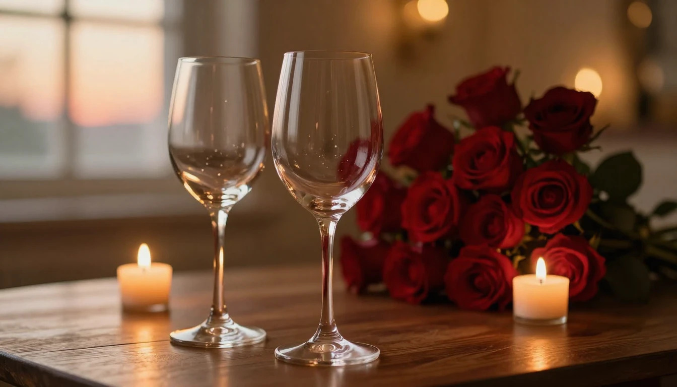 A romantic and intimate scene featuring two elegant wine gla...