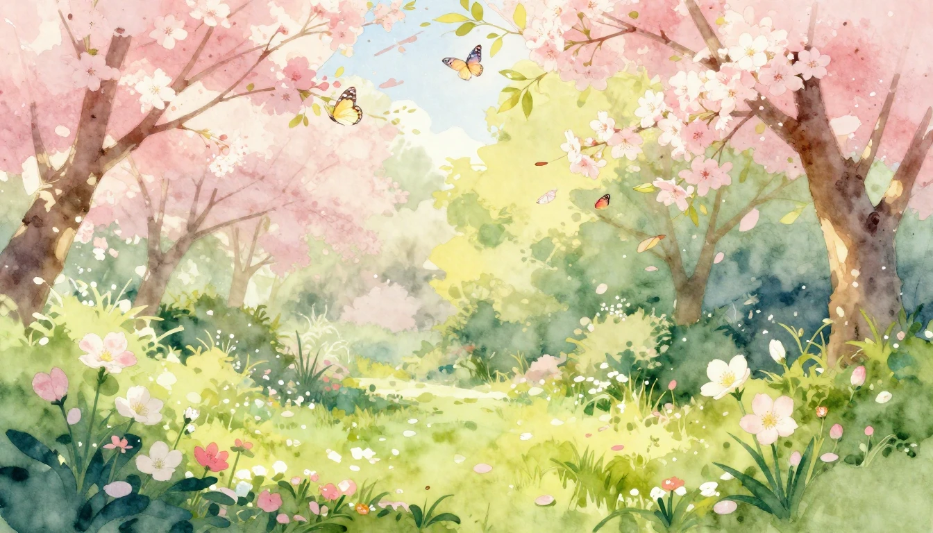 A beautiful watercolor painting of a lush spring garden in f...
