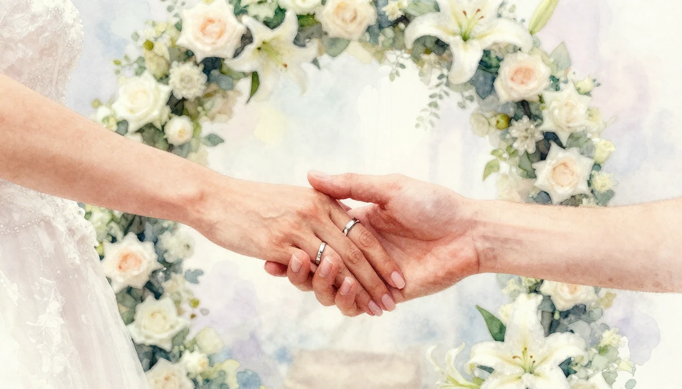 A romantic and dreamy watercolor painting focusing on two ha...