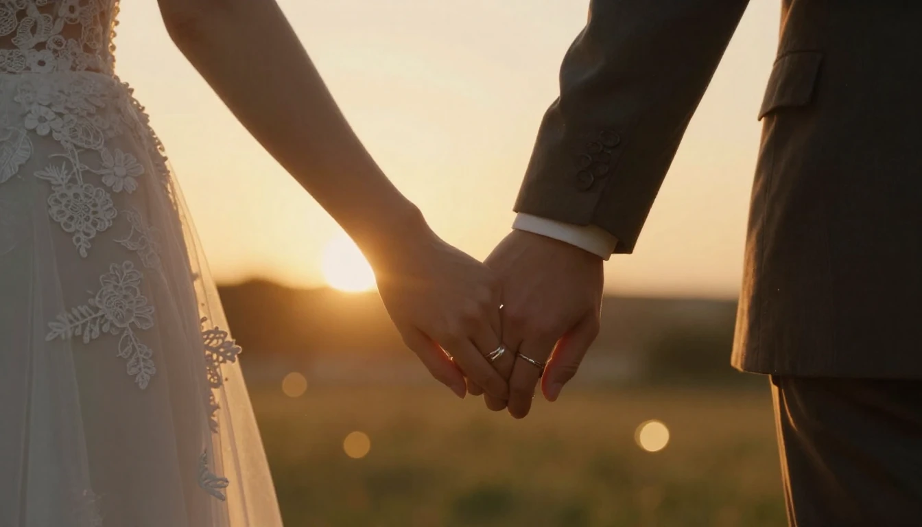 A cinematic close-up shot of a bride and groom holding hands...