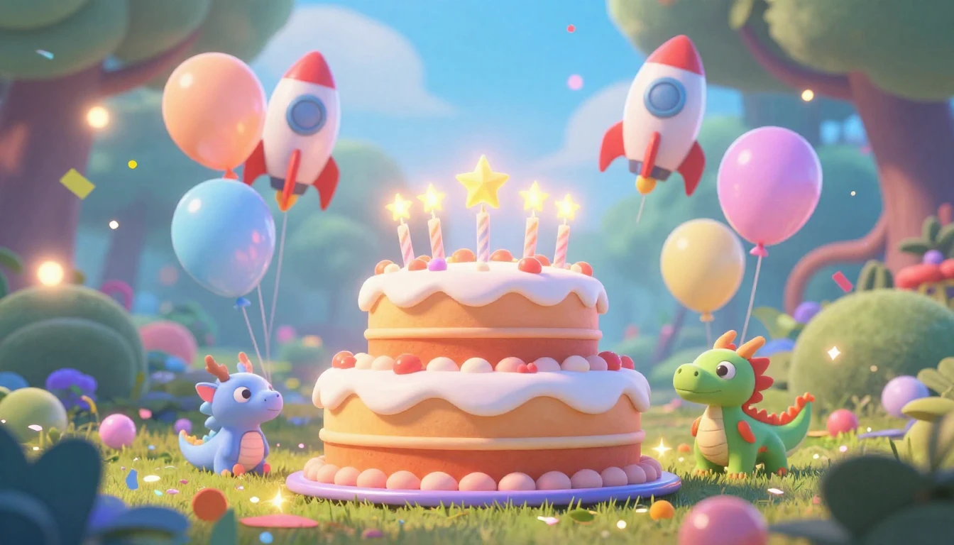 A vibrant and magical birthday celebration scene in a 3D ani...