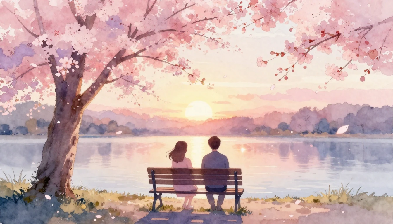 A beautiful and delicate watercolor painting of two stylized...