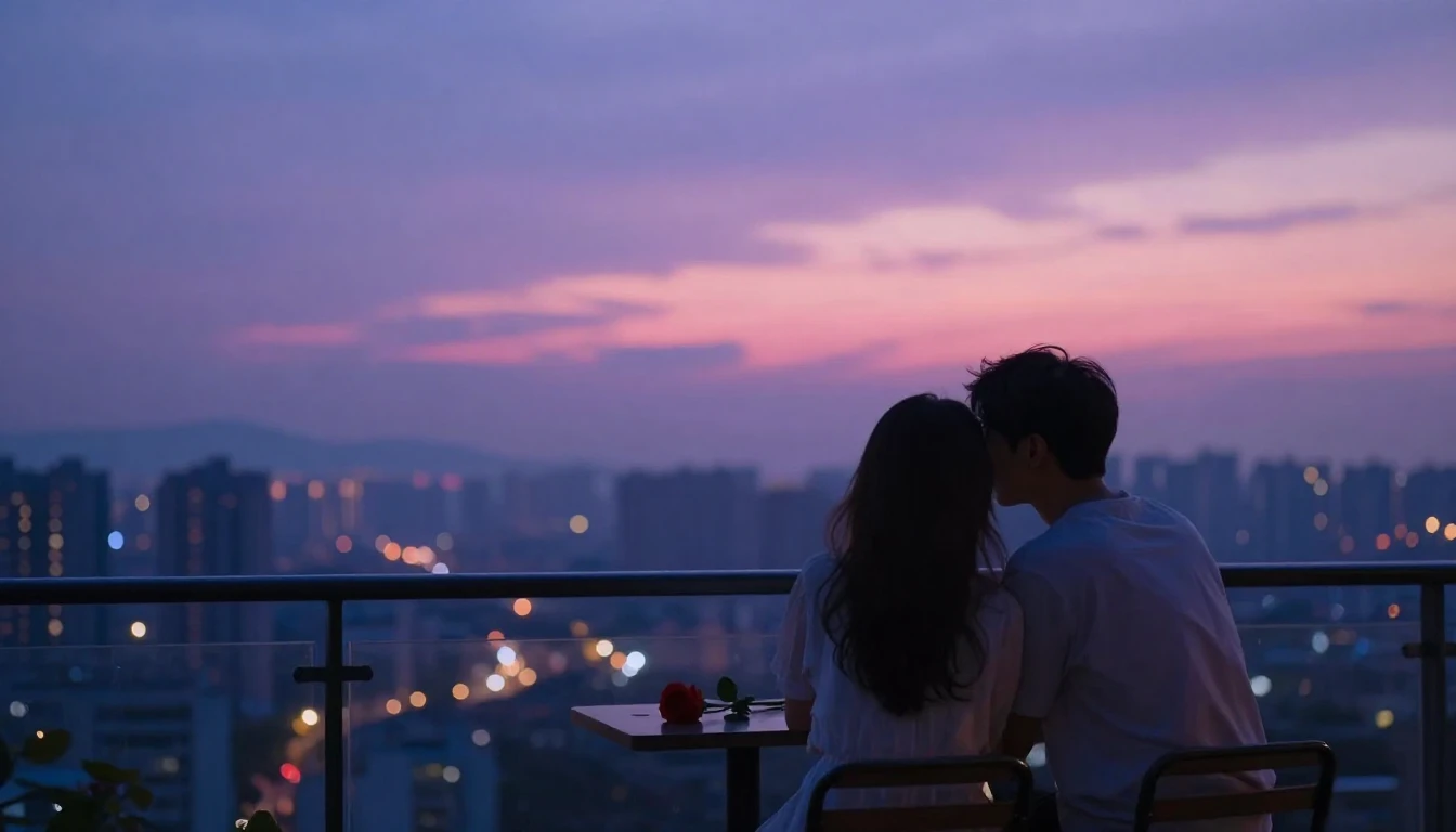 A romantic scene featuring a couple sitting close together o...