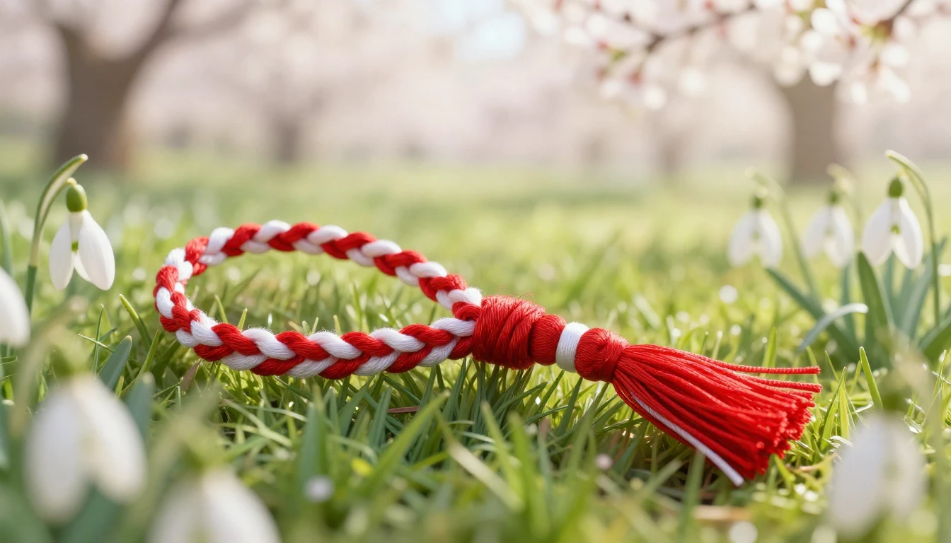 A delicate and vibrant scene featuring a traditional Mărțișo...