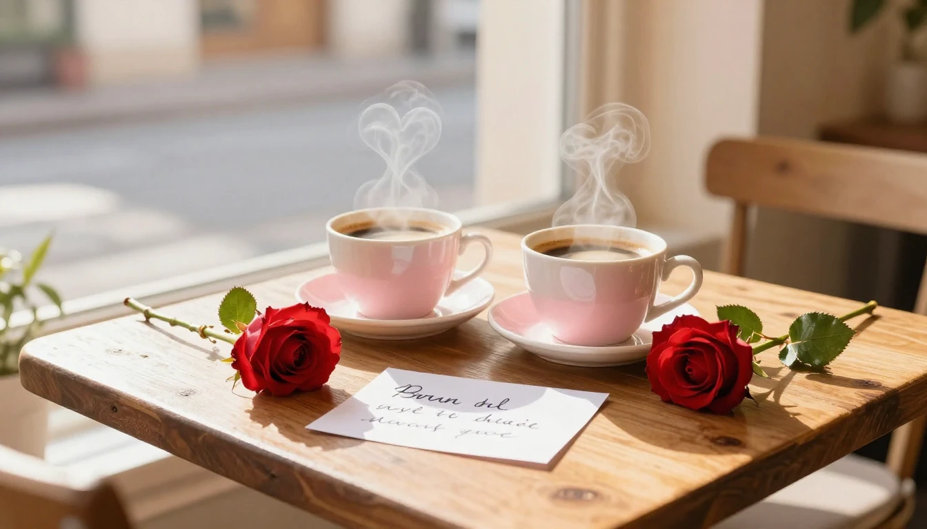 A warm and inviting scene depicting a rustic wooden table in...