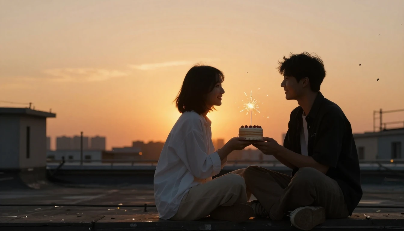 Two best friends sitting side by side on a rooftop at sunset...