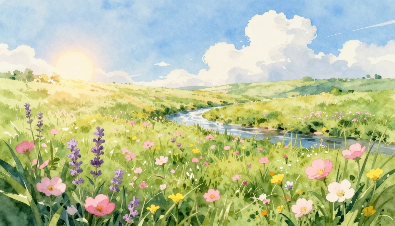 A serene landscape featuring a lush green meadow filled with...