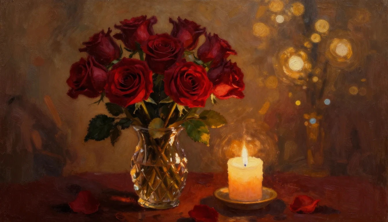 An evocative oil painting of a romantic setting. A bouquet o...