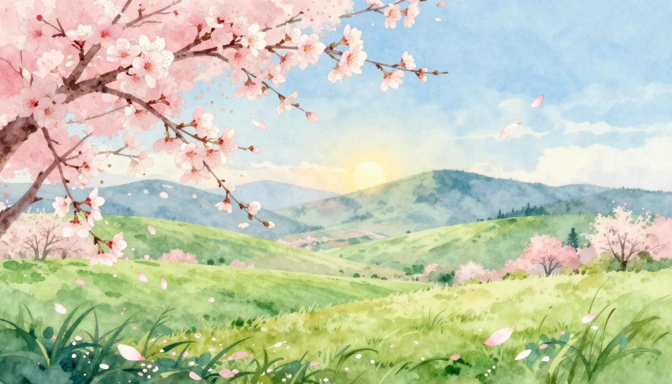 A beautiful watercolor painting of a lush spring landscape. ...