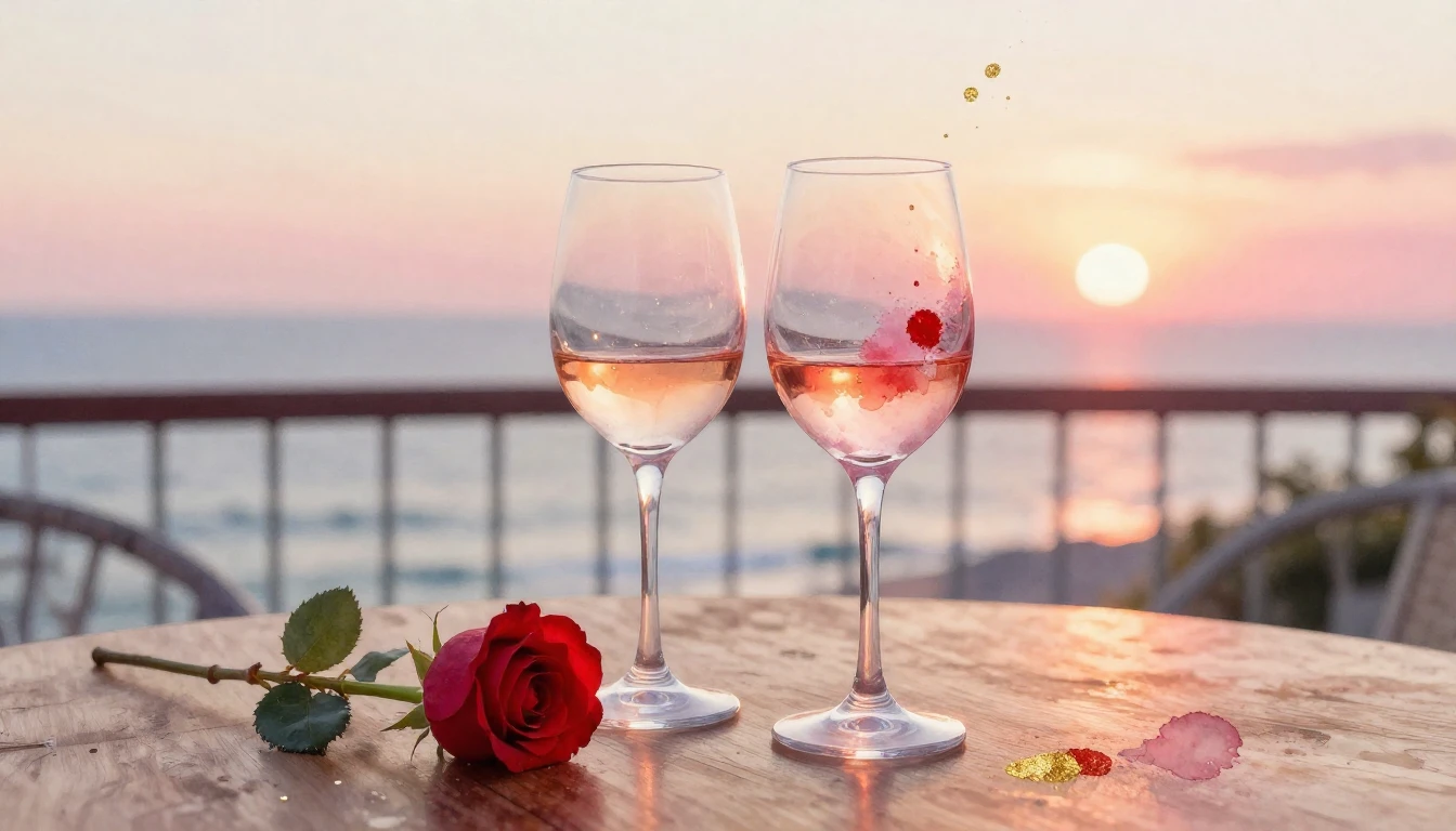 A soft watercolor painting of two elegant wine glasses sitti...