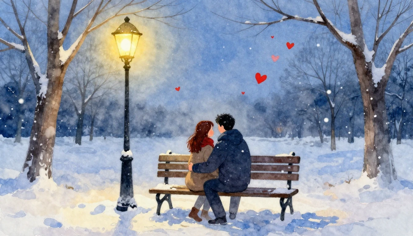 A romantic watercolor painting of a couple sitting close tog...