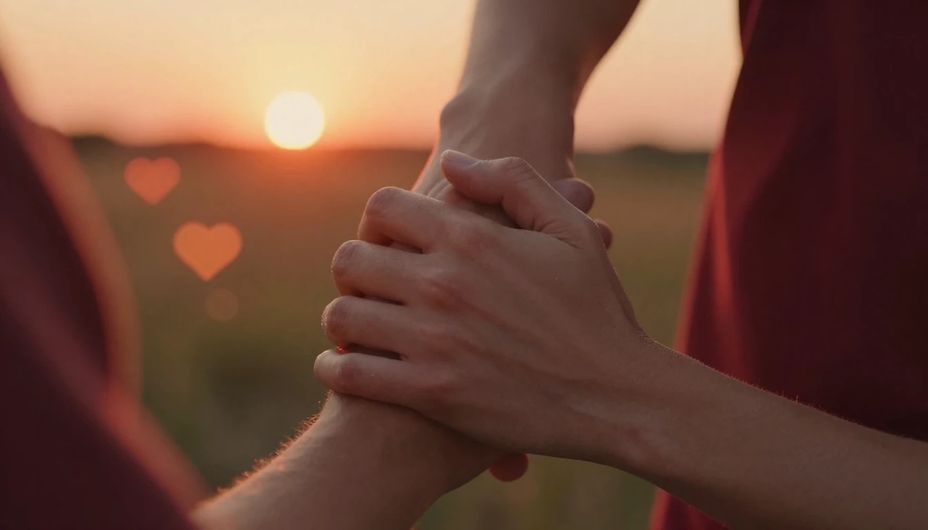 A romantic close-up shot of a couple holding hands with inte...