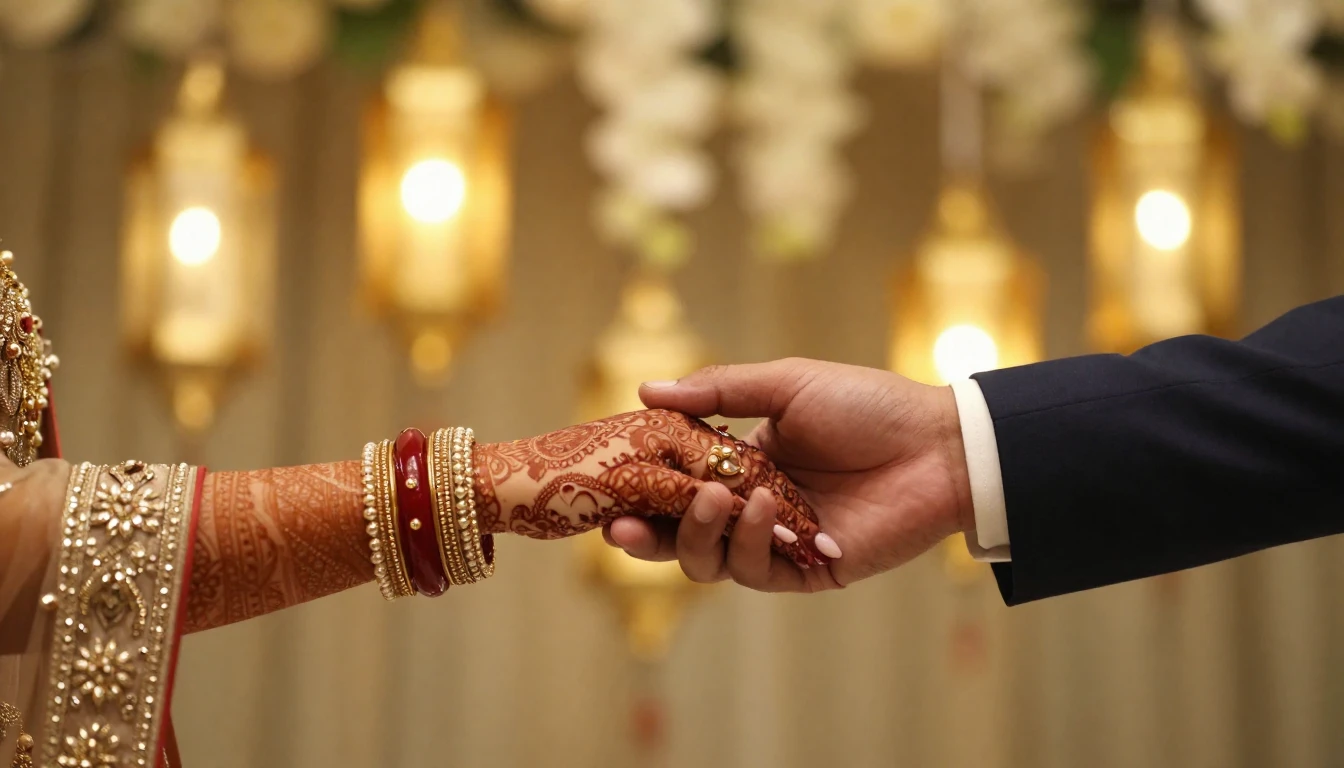 A romantic and celebratory wedding scene focusing on two int...