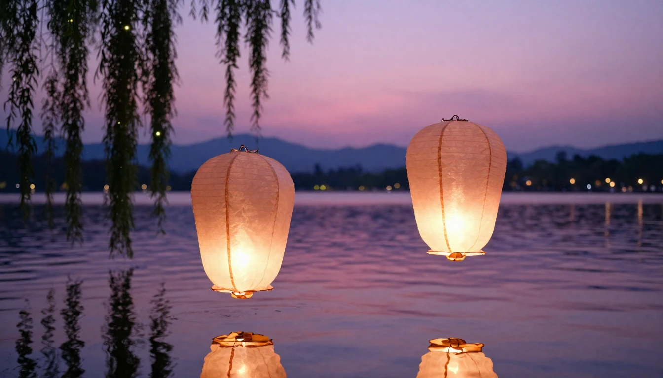 A dreamy and romantic scene featuring two delicate paper lan...