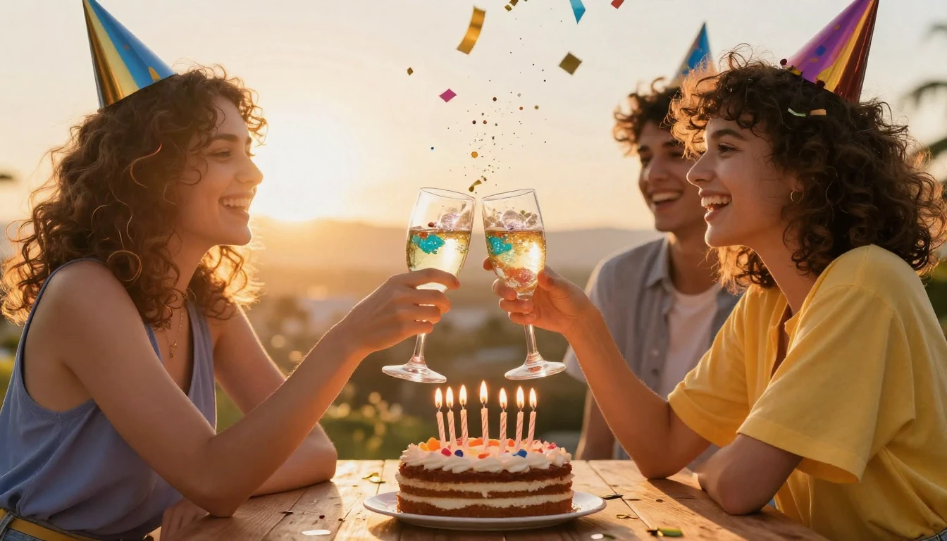 A joyful birthday celebration scene between two best friends...