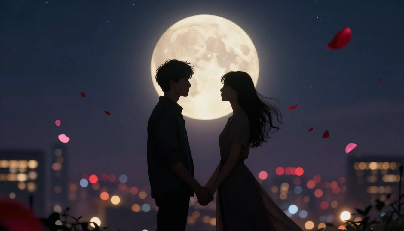 A romantic and atmospheric scene showing two silhouettes sta...