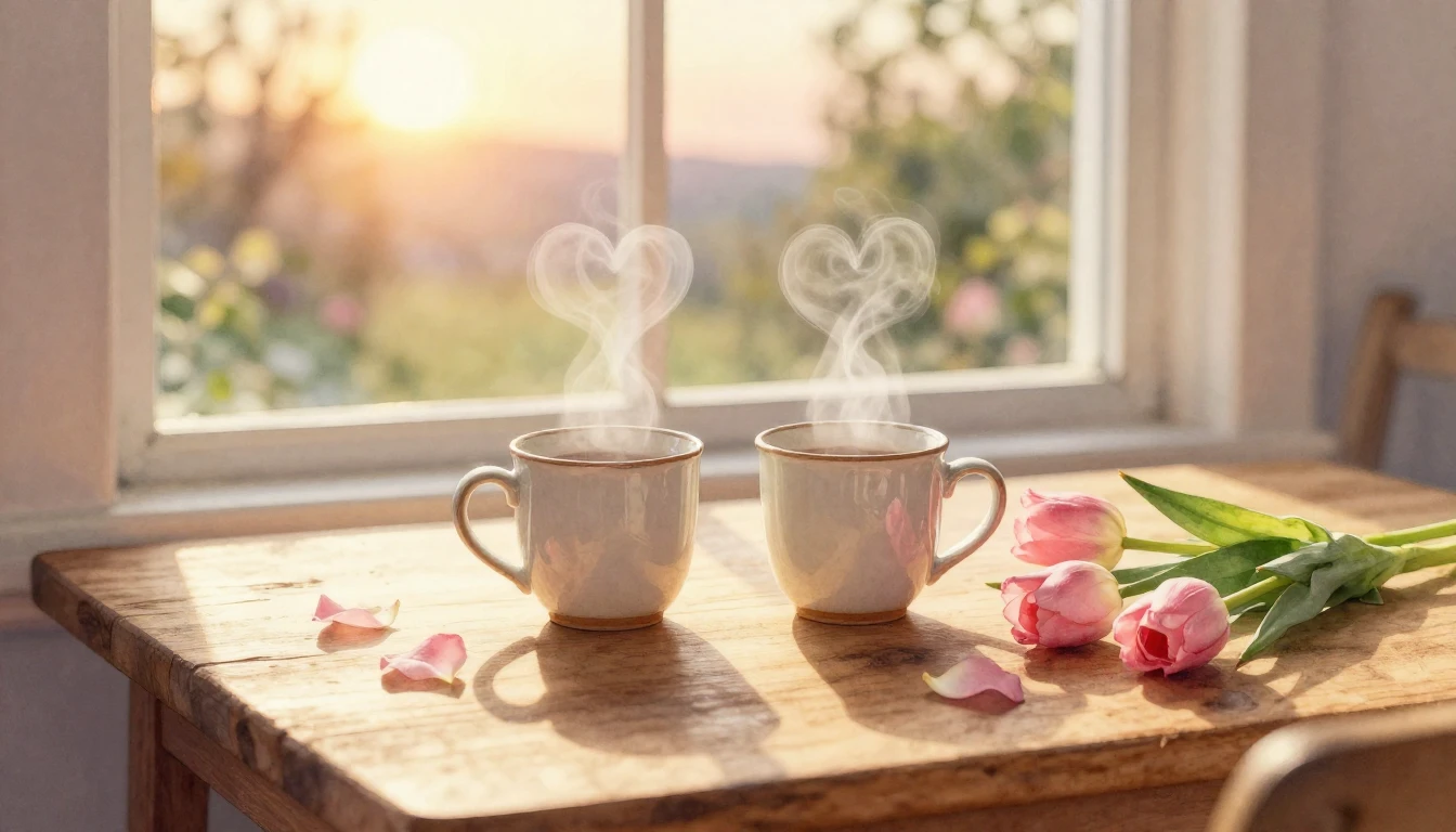 A soft watercolor painting of a cozy wooden table by a windo...