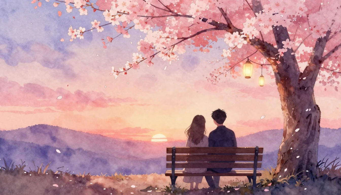 A soft watercolor painting of two silhouettes sitting closel...