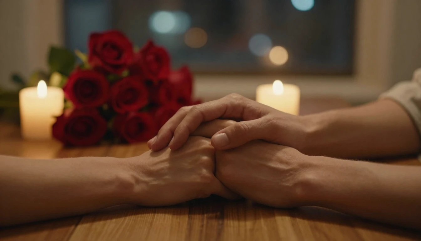 A romantic close-up scene of two hands holding each other ge...