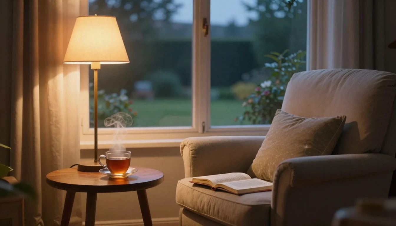 A cozy living room scene during a soft twilight. A comfortab...