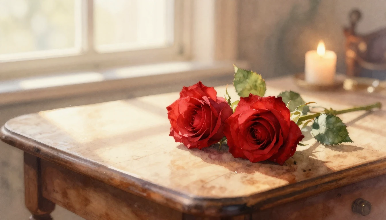 A delicate watercolor painting of two intertwined red roses ...