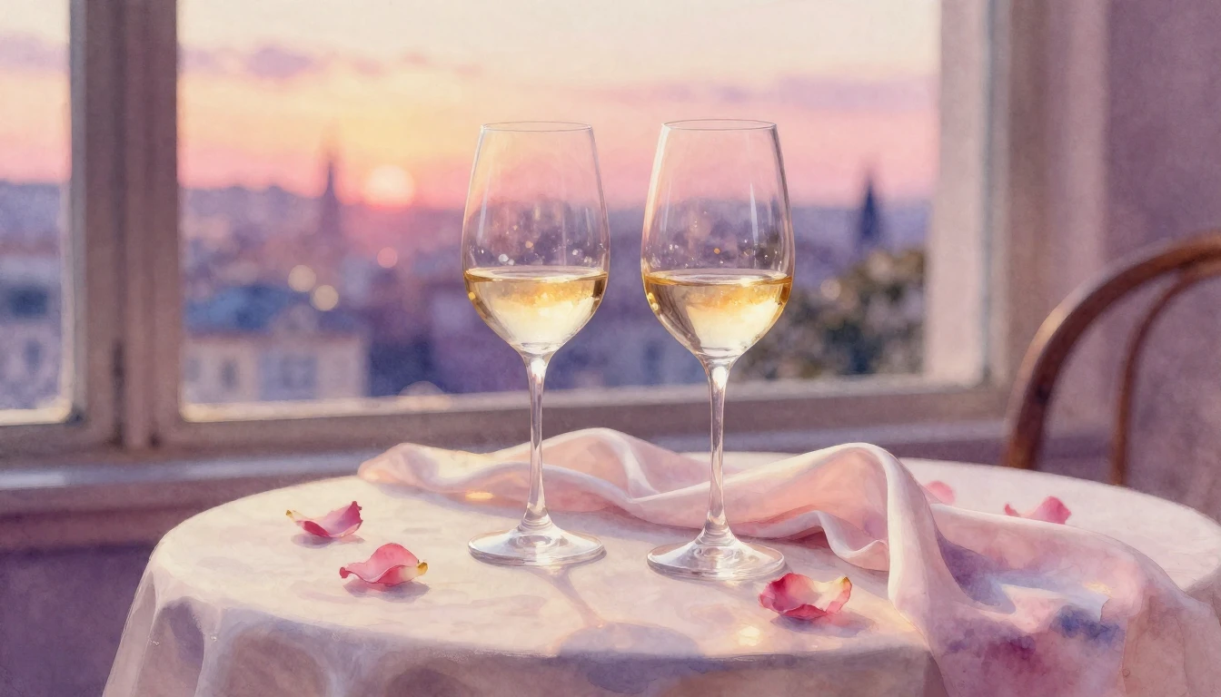 A dreamy watercolor painting of two elegant wine glasses on ...